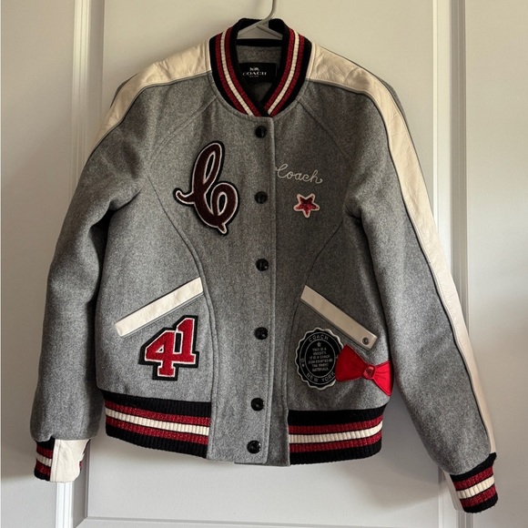 Coach Gray Metallic Patch Wool Varsity Jacket
with Red and White Details - Picture 2 of 14